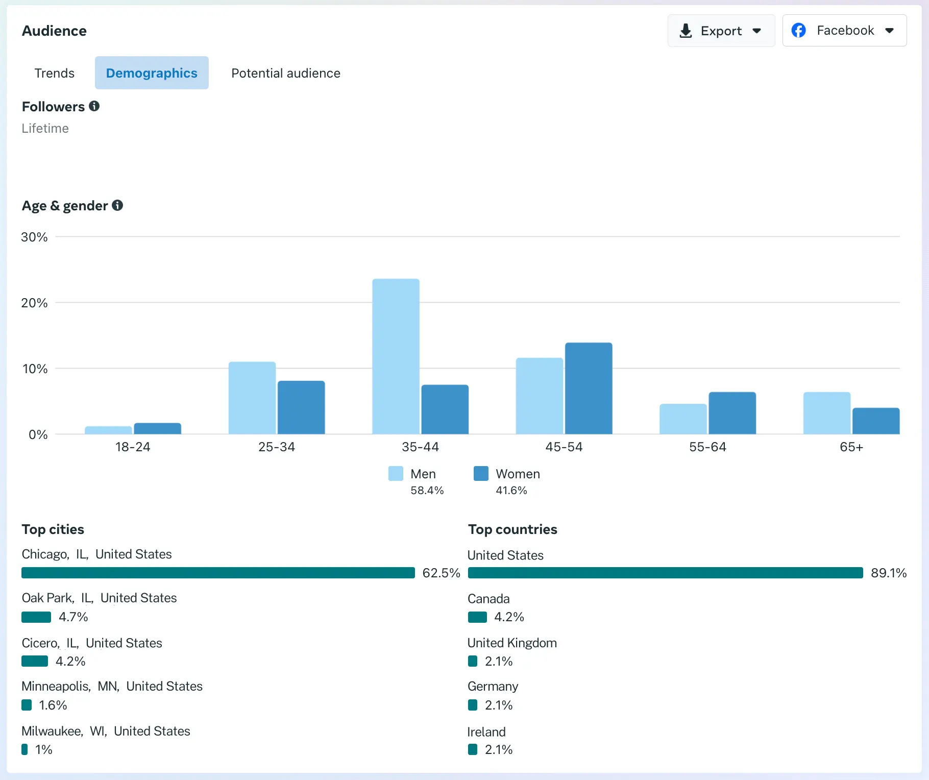 Facebook Audience Insights - Demographics screen - age, gender, top cities and countries