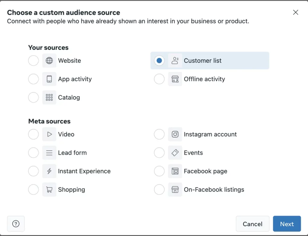 Meta Ads Manager - Add custom audience - choose source