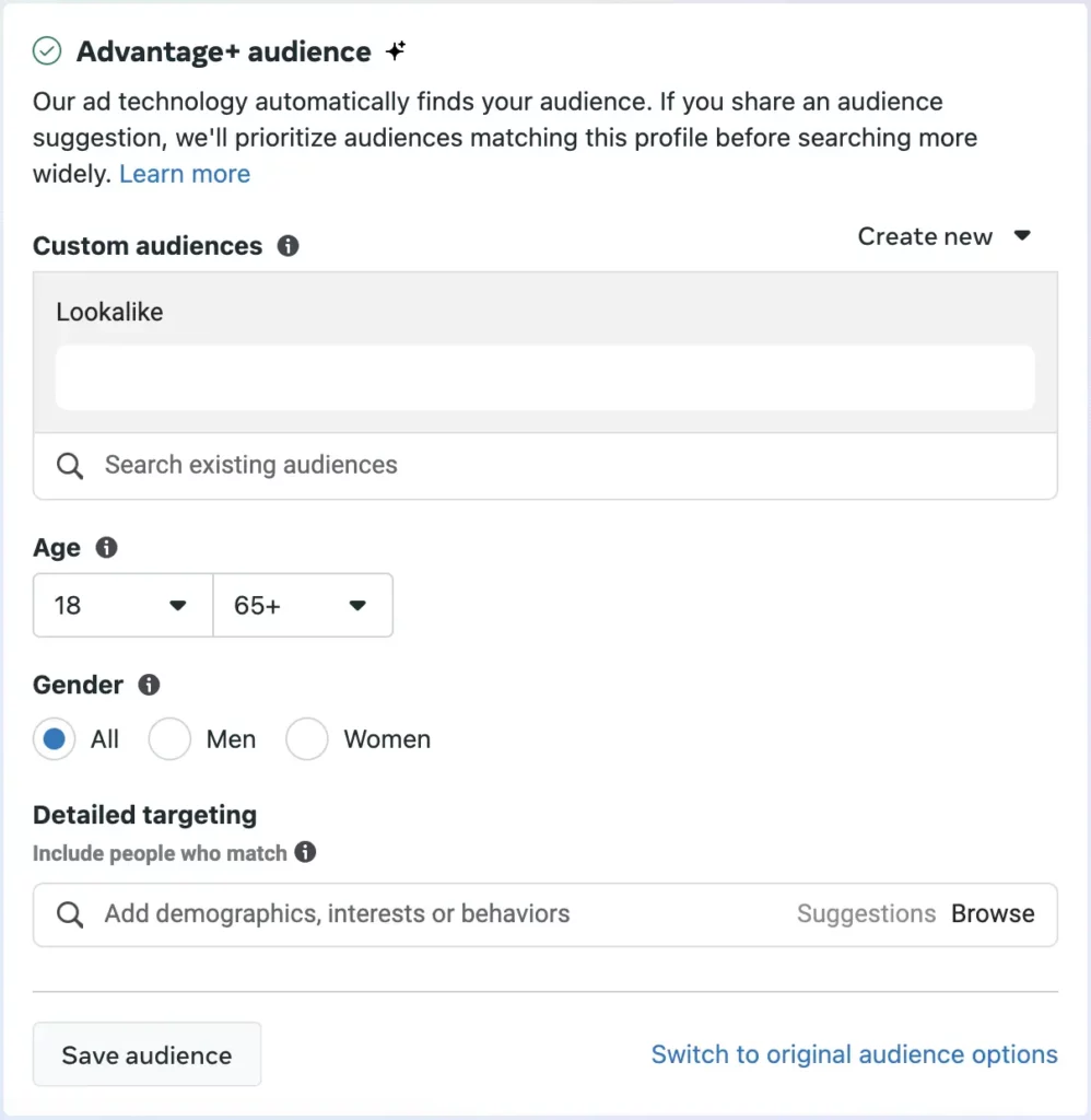 Meta Advantage audience - adding custom audience segments