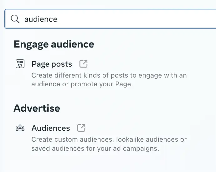 Meta Business Suite - All tools - search audiences