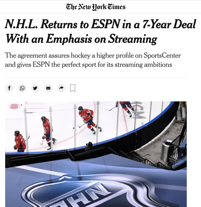 N.H.L. Returns to ESPN in a 7-Year Deal With an Emphasis on