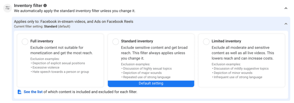 facebook ads protection inventory filter