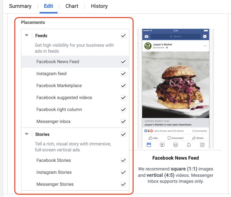 example of manual placements settings for facebook ads