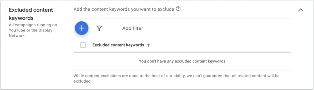 google ads youtube content suitability Excluded content keywords