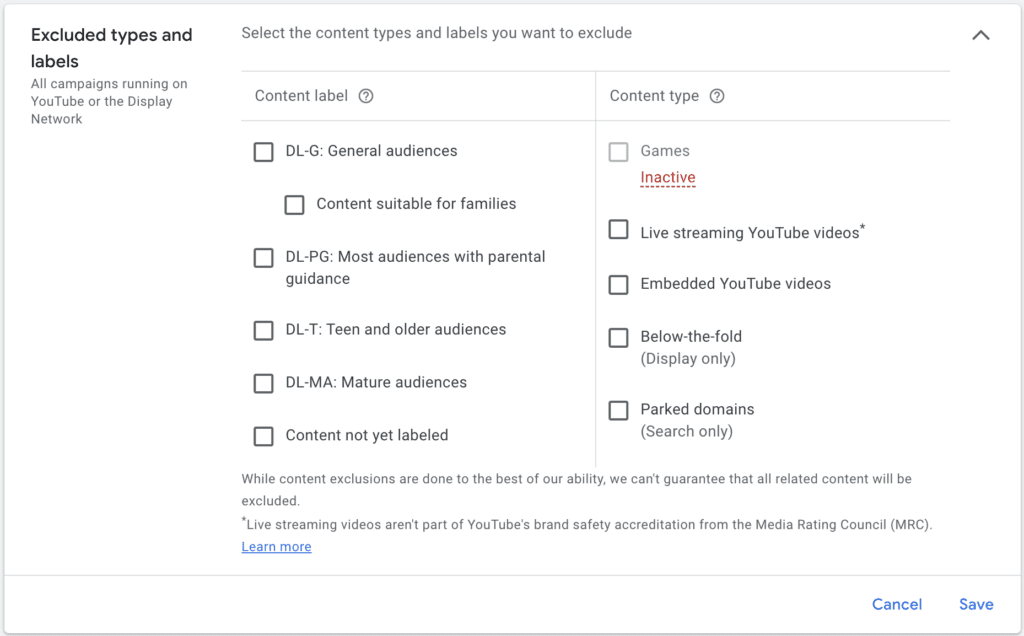 google ads youtube excluded content types and labels