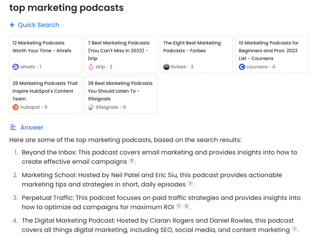 perplexity ai screenshot top marketing podcasts