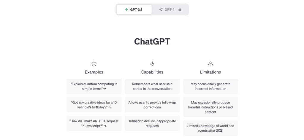 screenshot of chatgpt 3.5