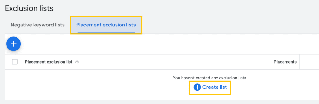 google ads - excluding video and channel placements - youtube placement exclusion lists - create new list