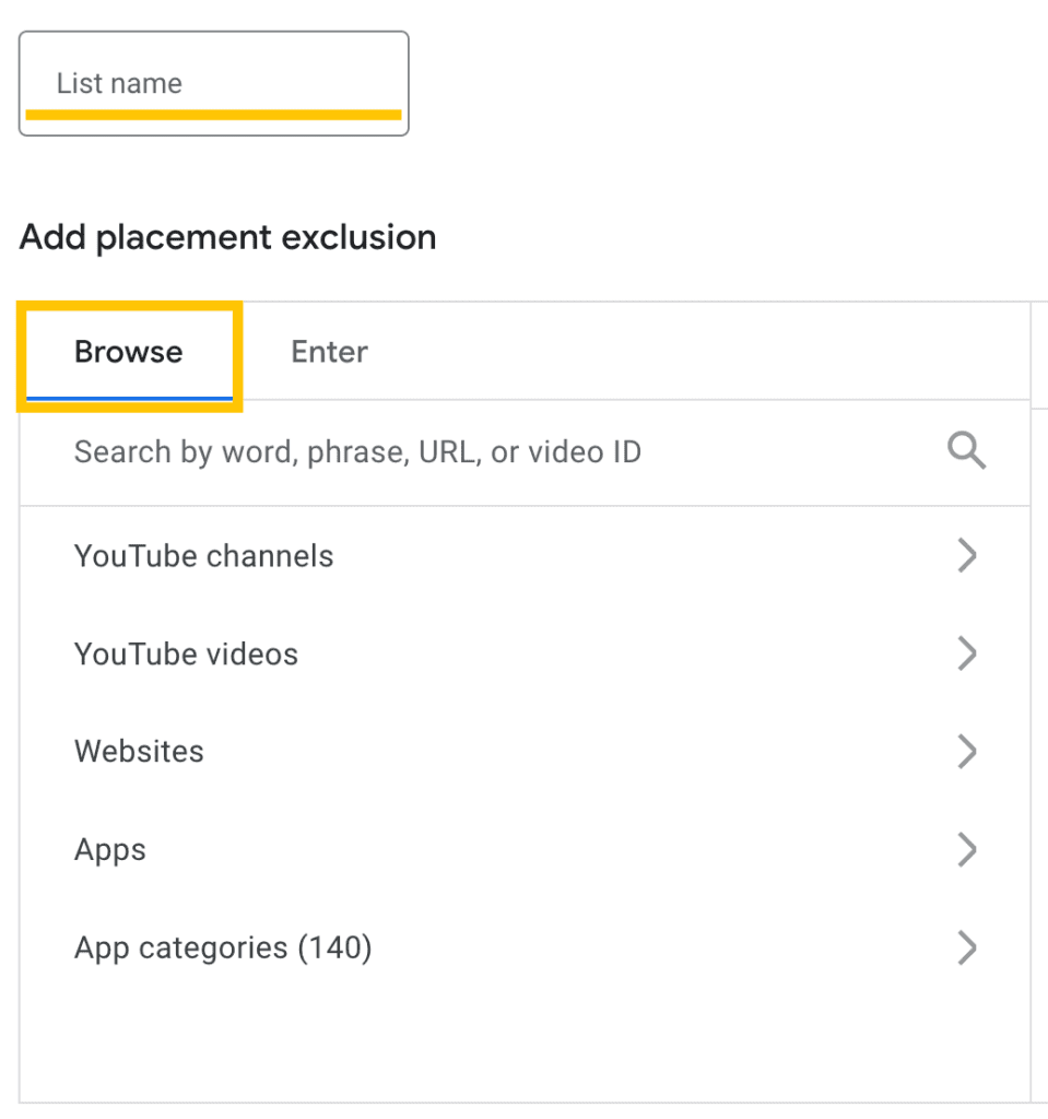 google ads - youtube placement exclusion lists - create new list - name and browse