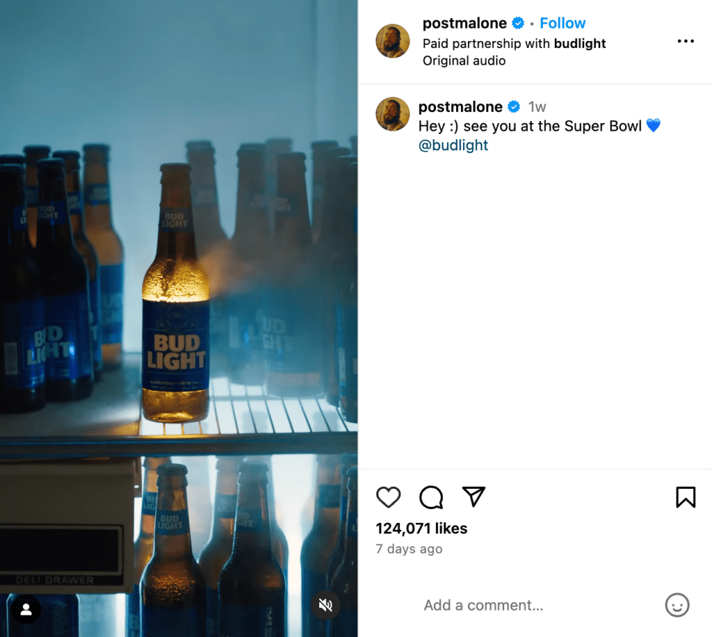 Super Bowl LVIII Instagram Reels campaign - Bud Light, Post Malone feature