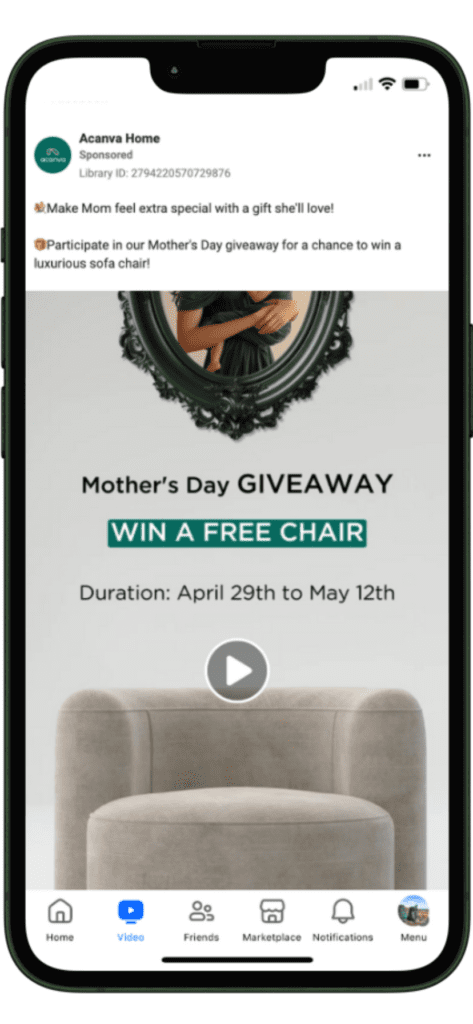 Acanva Home Facebook video ad - 2024 Mother's Day advertising campaign