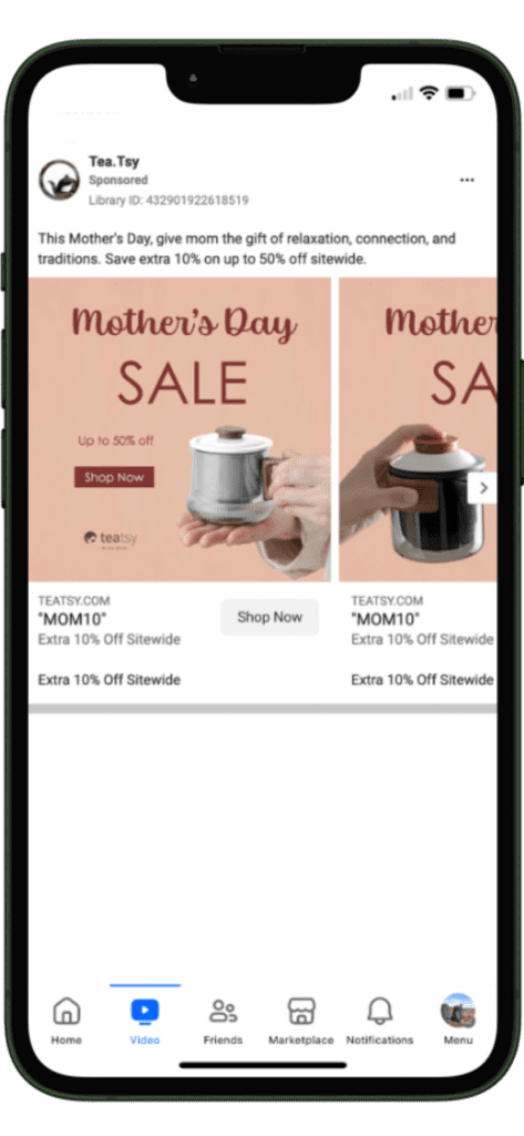 Tea.Tsy Facebook video ad - Mother's Day 2024 advertising campaign