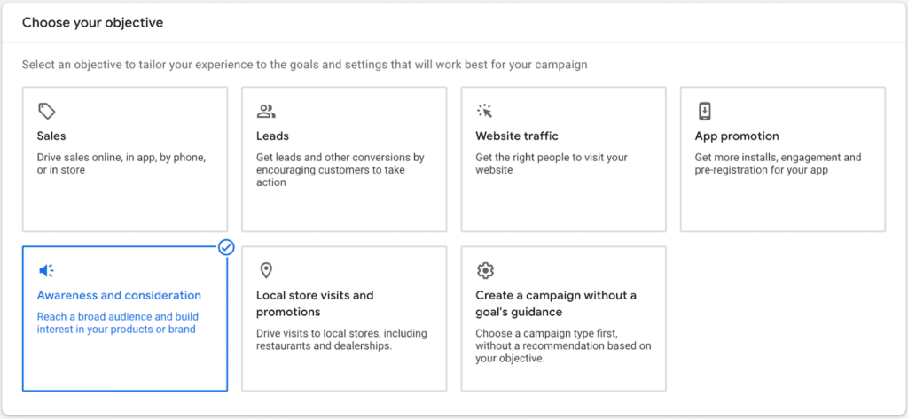 YouTube Video Reach Campaign Setup - 1 - Choose objective awareness and consideration