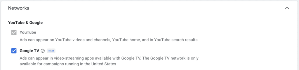 Google TV advertising options available in Google Ads