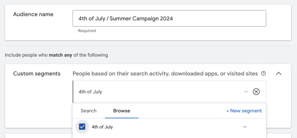 4th of July / Summer Custom Segment added to YouTube audience targeting