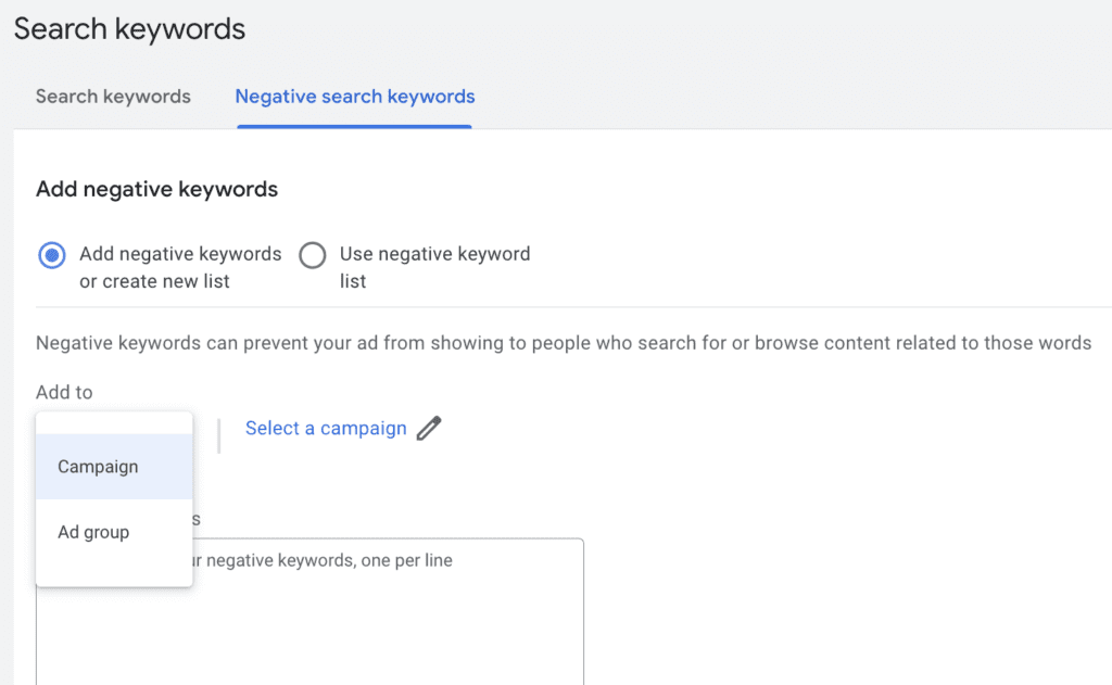 Google Ads Manager - Adding negative keywords to campaign or ad group level