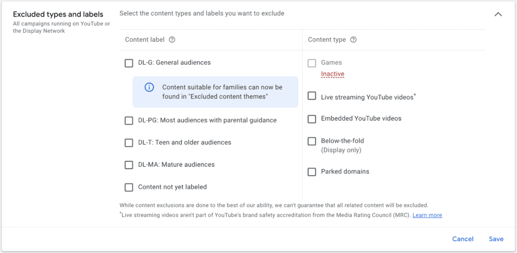 YouTube category exclusions - exclude category types and labels