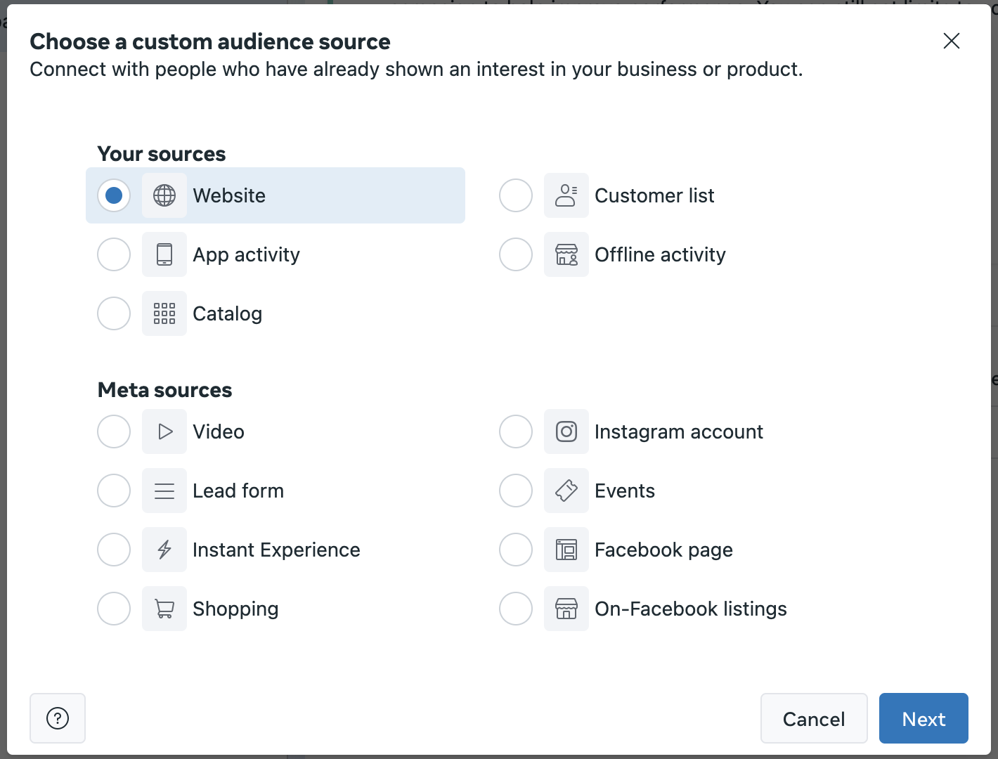 Custom audience - Facebook audience targeting - Website source