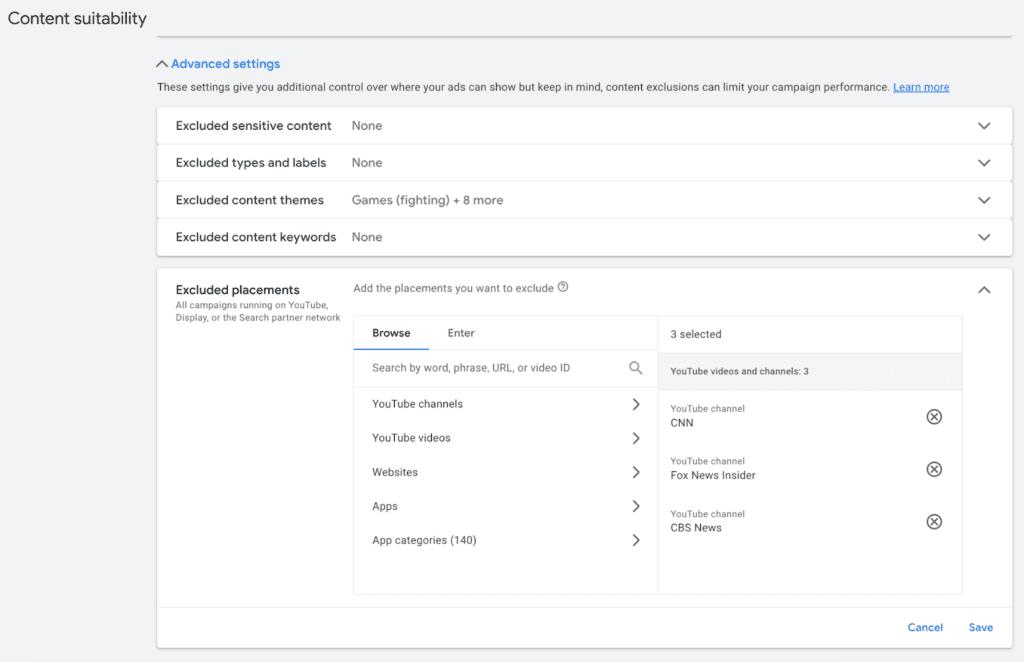 YouTube brand safety - Content suitability settings - Set up excluded channel placements