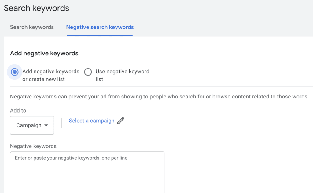 Google Ads Manager - Adding negative keywords by manual list