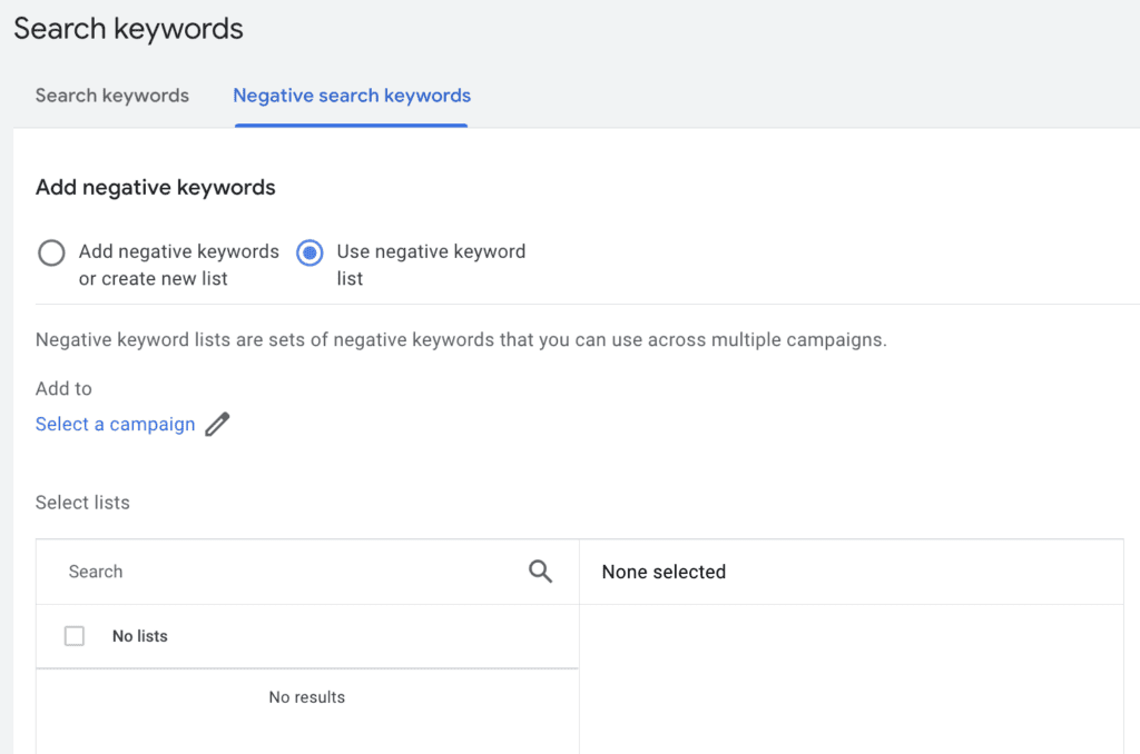 Google Ads Manager - Adding negative keywords by uploaded list