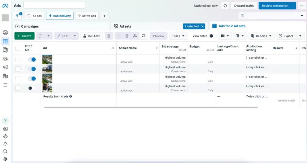 Facebook Ads Manager - Ads tab