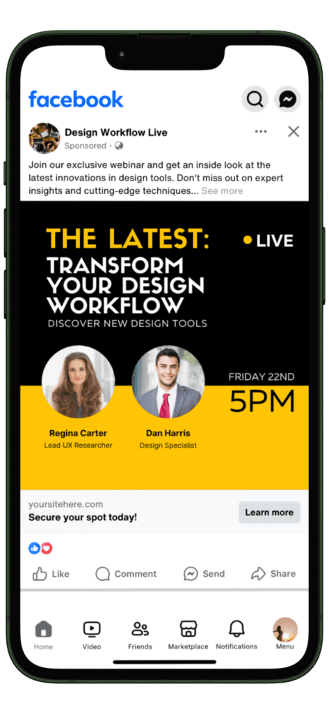 Facebook image feed ad - Design Workflow company ad for live webinar