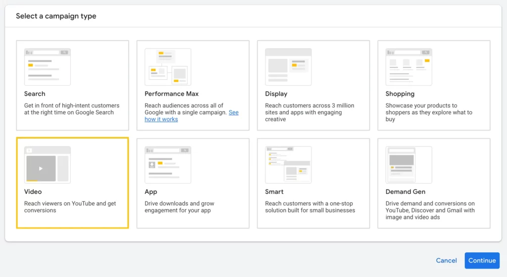 Google ads - choose campaign type - select Video
