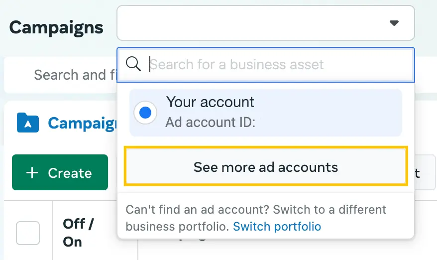 Meta Ads Manager - switch Ad Account