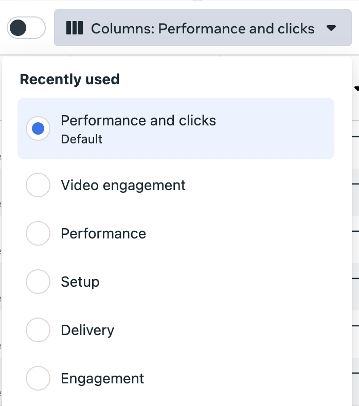 Choose preset Facebook ad metrics view in Meta Ads Manager