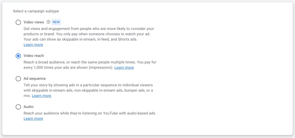 Setting up YouTube Shorts ads - choose campaign subtype - Video reach