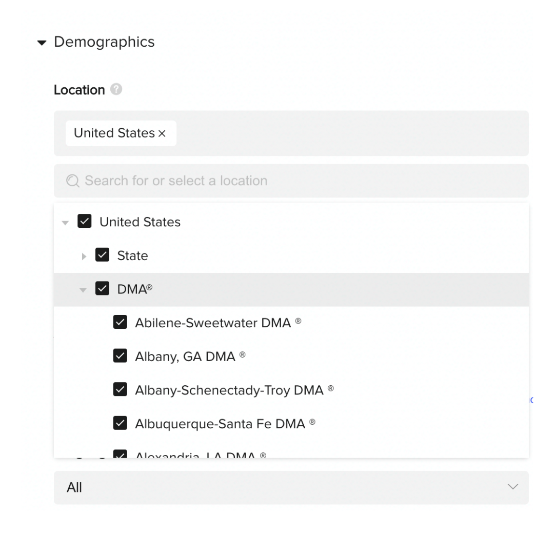 Adding TikTok DMA geotargeting on Ads Manager - United States DMA options