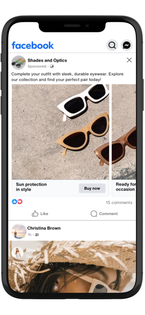 Facebook Carousel ad sample for sunglasses eyewear brand