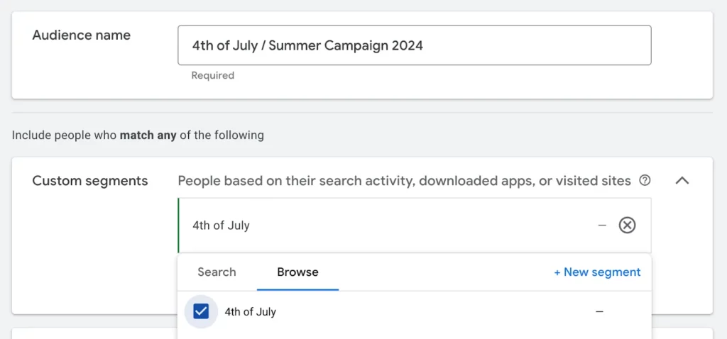 4th of July : Summer Custom Segment added to YouTube audience targeting