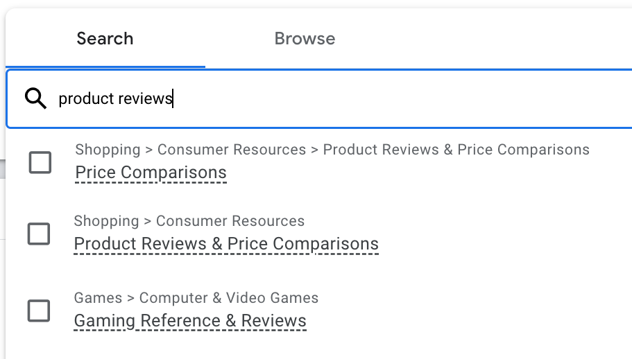 Contextual targeting setup in Google ads manager - sample for product reviews