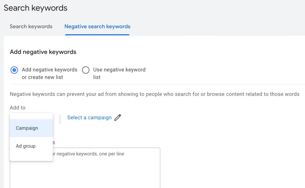 Google Ads Manager - Adding negative keywords to campaign or ad group level