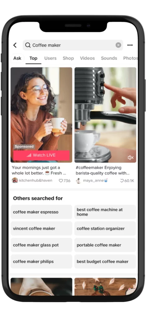 TikTok Search Ads - coffee maker sample ad mockup