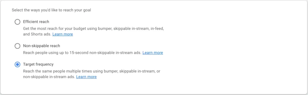 YouTube Video Reach Campaign - Target Frequency Setup - Click target frequency