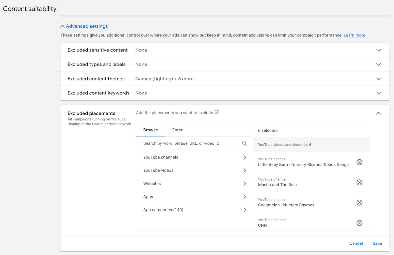 YouTube brand safety - Content suitability settings - Set up excluded Kids' channel placements