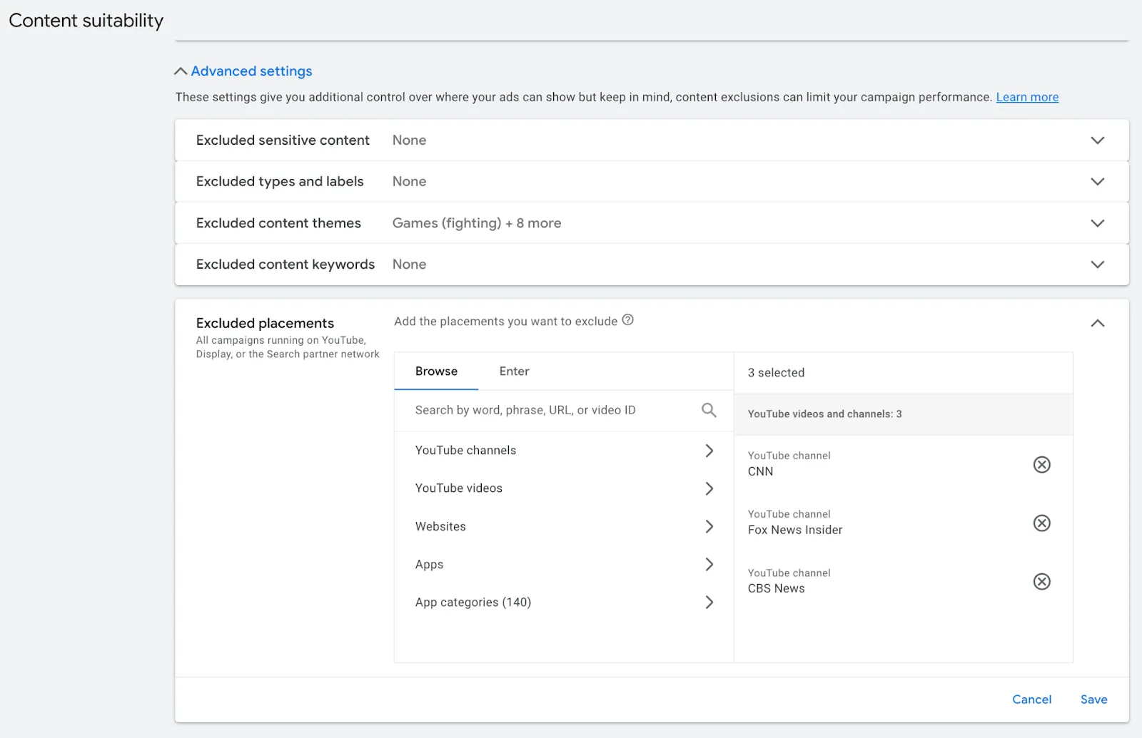 YouTube brand safety - Content suitability settings - Set up excluded channel placements