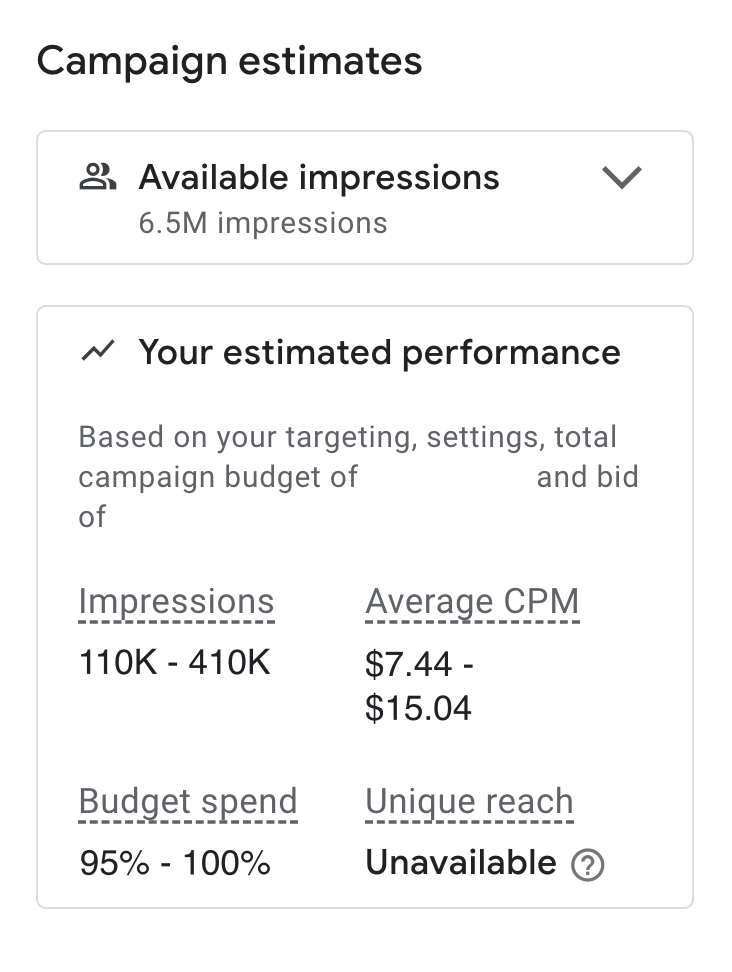 YouTube ads campaign setup - estimated impressions and CPM