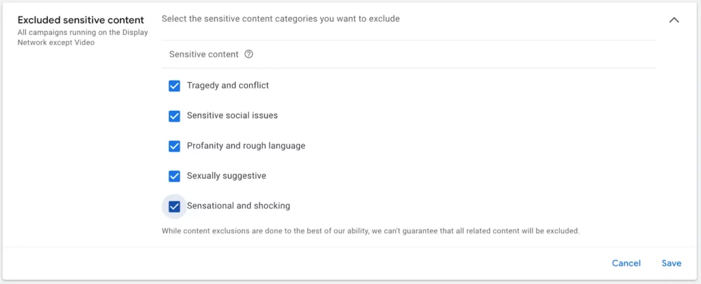 YouTube category exclusions - exclude sensitive content