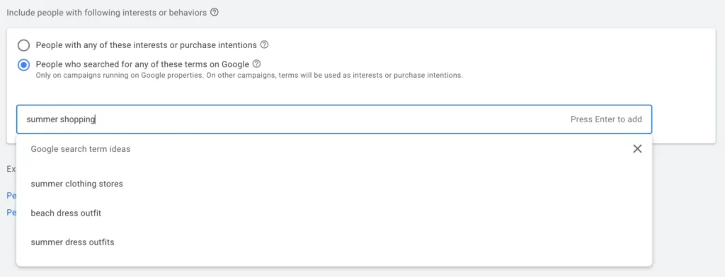 YouTube keyword targeting - summer shopping