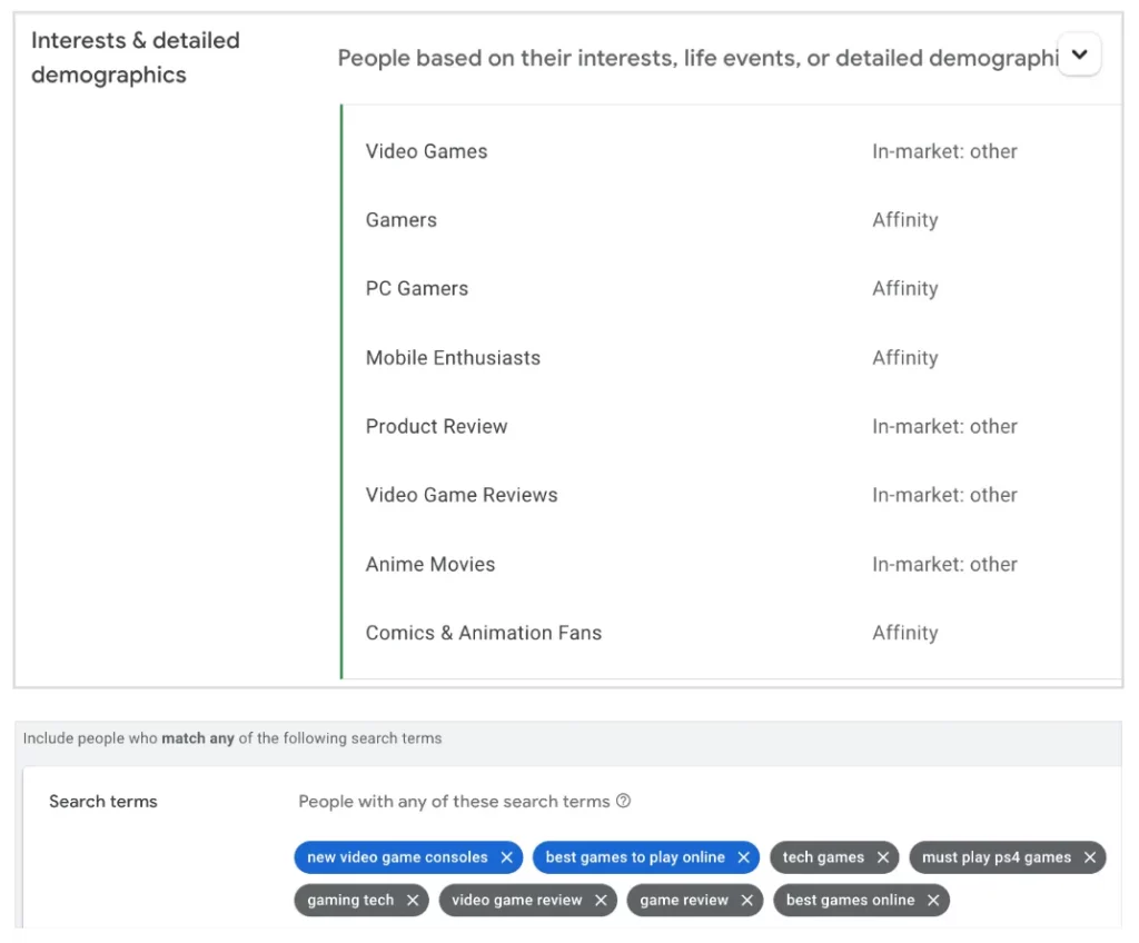 setting up campaigns for video game advertising on YouTube - audience and interest targeting