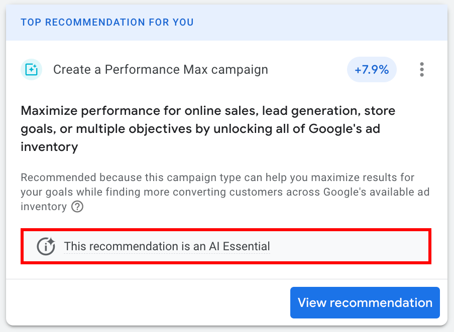 Google Ads AI Essential recommendation - Create Performance Max campaign