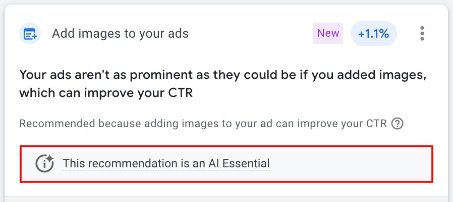 Google Ads AI Essential recommendation - add image to ads