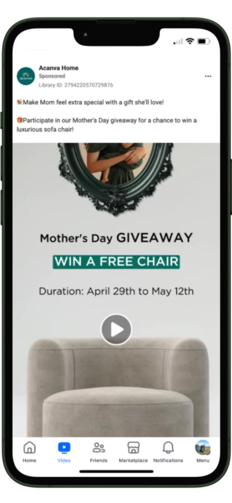 Acanva Home Facebook video ad - Mother's Day 2024 advertising campaign