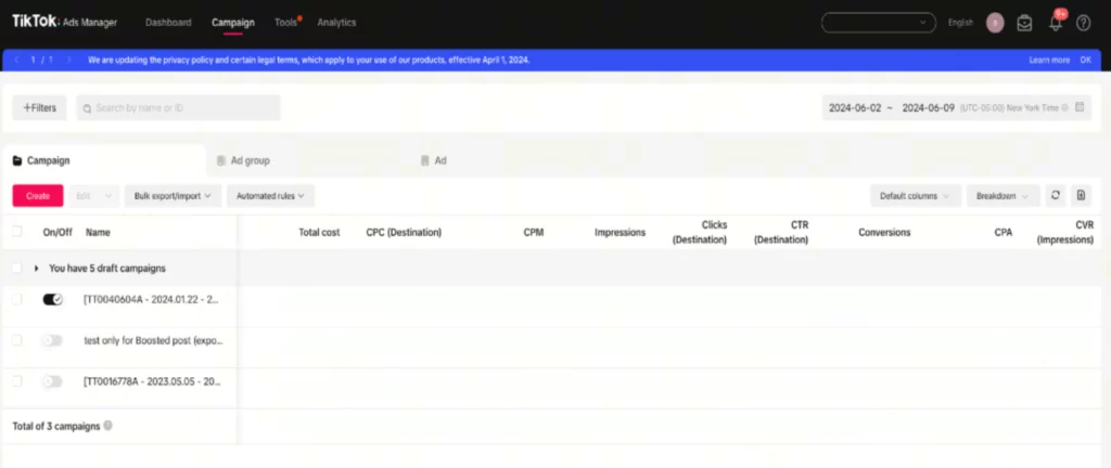 Screenshot of TikTok Ads Manager