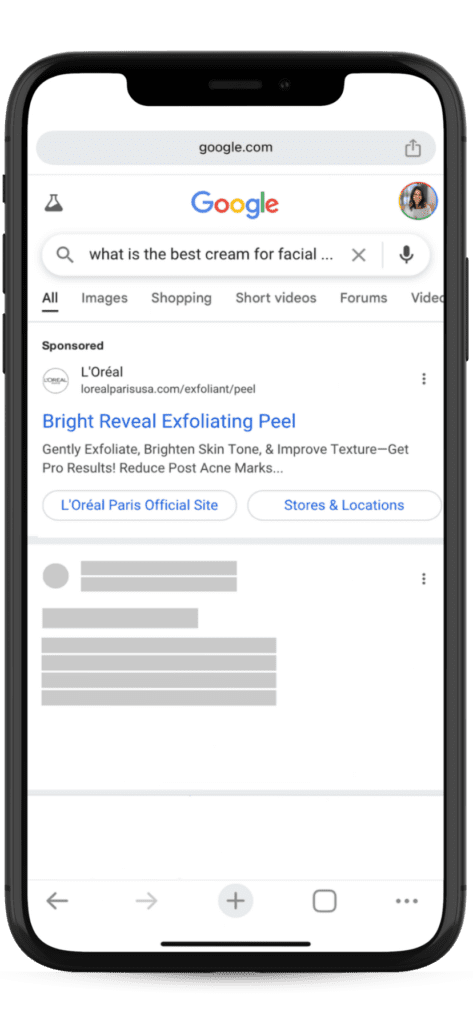 PMax Text ad - AI Max for Search for L'oreal - sample ad mockup only