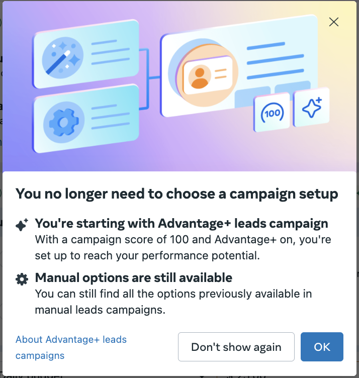 Meta Advantage+ vs Manual - Advantage automatically turned on for Leads campaign